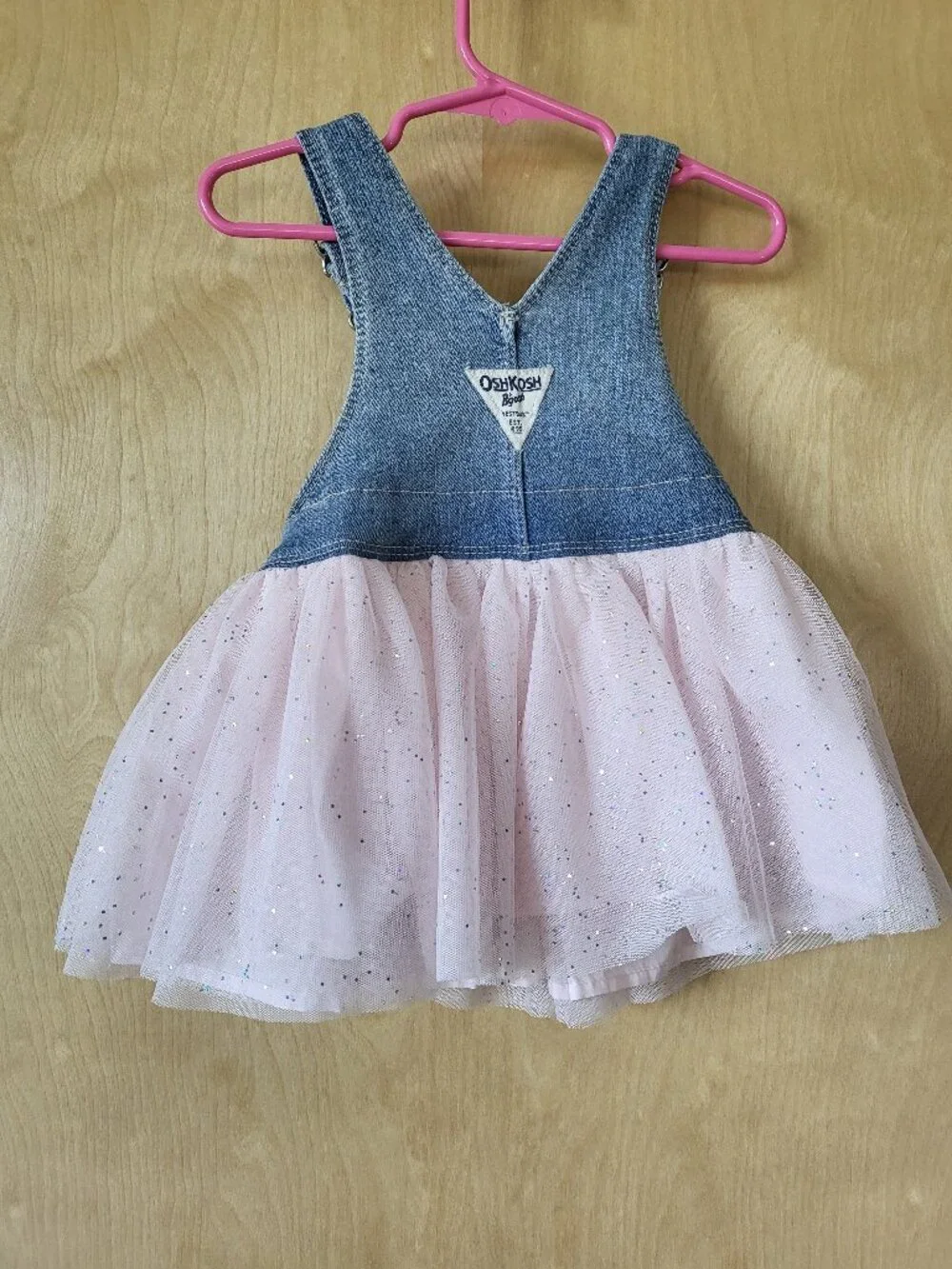 OshKosh Denim Overall Dress with Pink Tulle Sparkle Skirt Size 12M